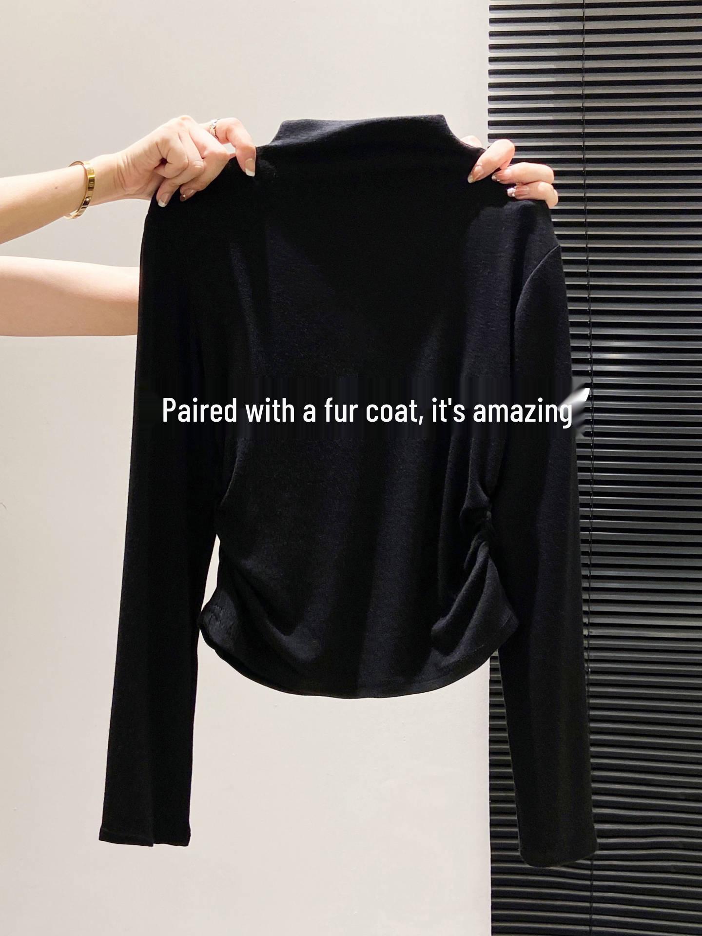 Women s Slim-Fit Stretchy Fleece Turtleneck T-Shirt, Thickened Brushed, Long Sleeves, Autumn/Winter Style, Ruched, Slimming Top Large