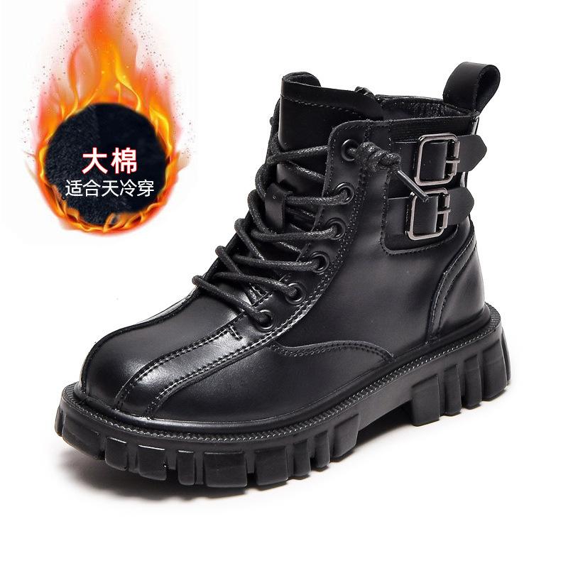 Fashion retro children's Martin boots autumn and winter new leather single boots velvet British style casual non-slip boys short boots