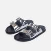 Thick-soled one-word slippers for women's summer wear, new bright diamond round buckle flat-heeled casual cool slippers