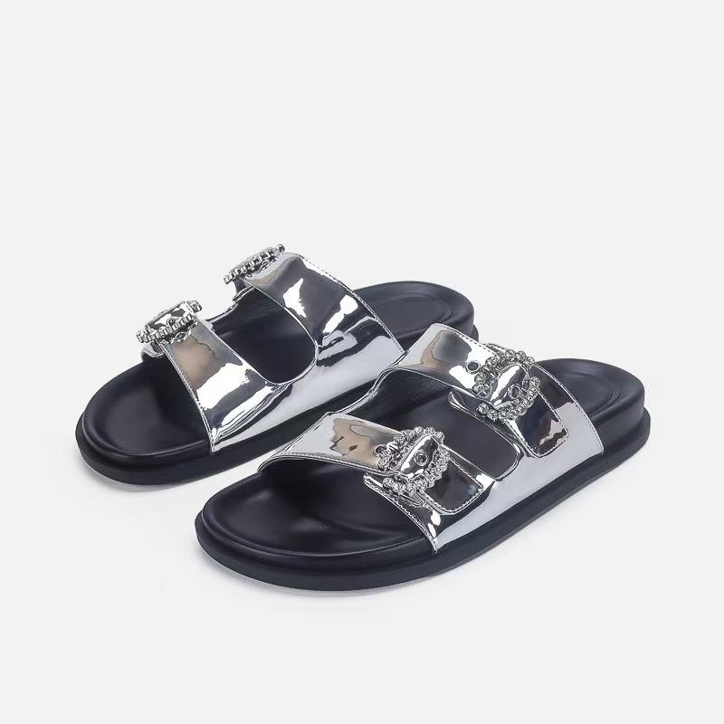 Thick-soled one-word slippers for women's summer wear, new bright diamond round buckle flat-heeled casual cool slippers