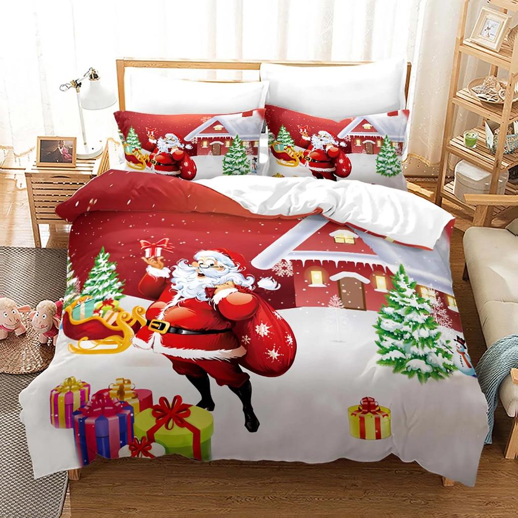 Red Christmas Duvet Cover Santa Claus Snowman Bedding Set Microfiber Cartoon Comforter Cover With Pillowcases