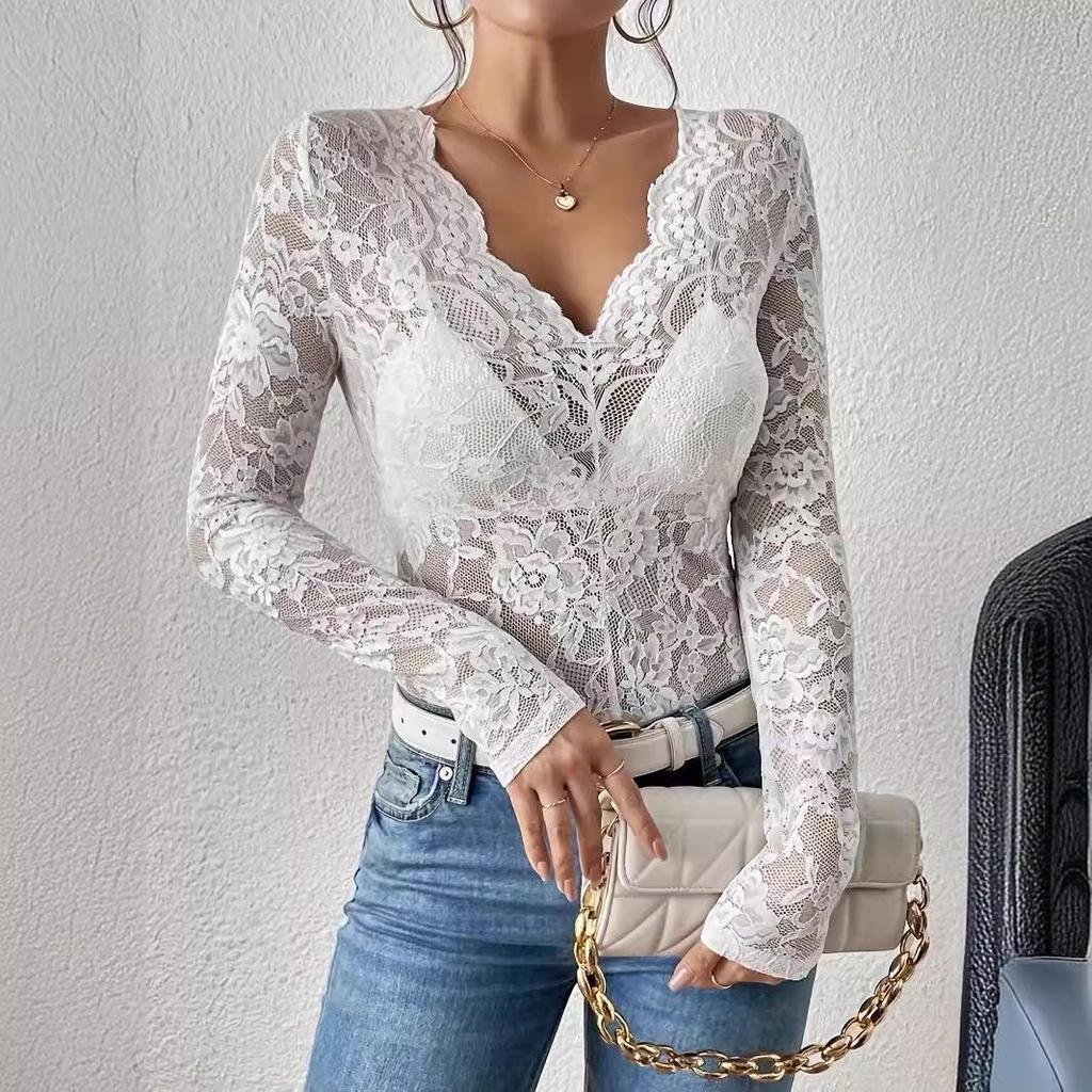 2024 Autumn/Winter Floral Lace Fan-Shaped Blouse for Women