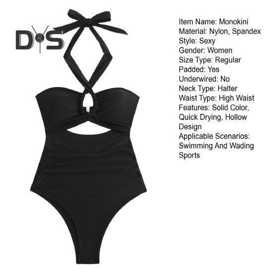 Women Monokini Padded Underwire Solid Color Halter One-Piece Bikini with Hollow Design Beach Vacation Swimwear