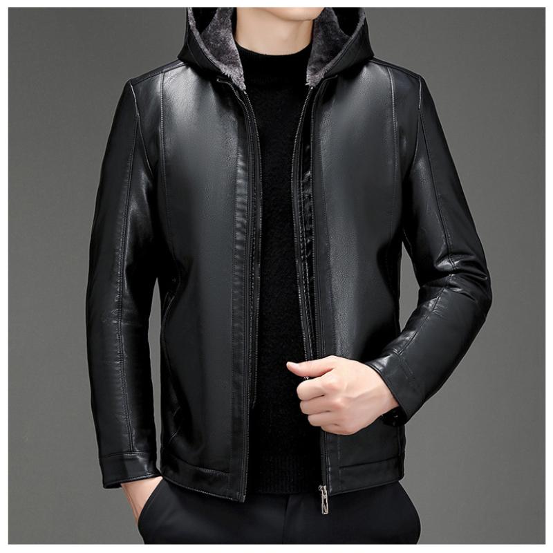 

New Leather Coat Men Black Business Motorcycle Clothing Fleece Hooded Jacket Casual Windproof Coats for Middle Aged Mens 175 чорний