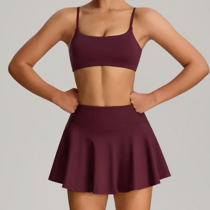 Womens Seamless Yoga Sports Set With Built-in Bra Pocket Skirt Outdoor Fitness Tennis Badminton