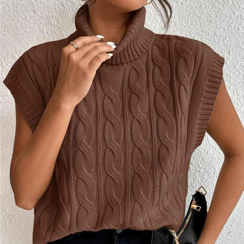IHUASU Women's Autumn Knitted Solid Colour High Neck Loose Stranded Flower Sleeveless Inner Outer Vest Vest
