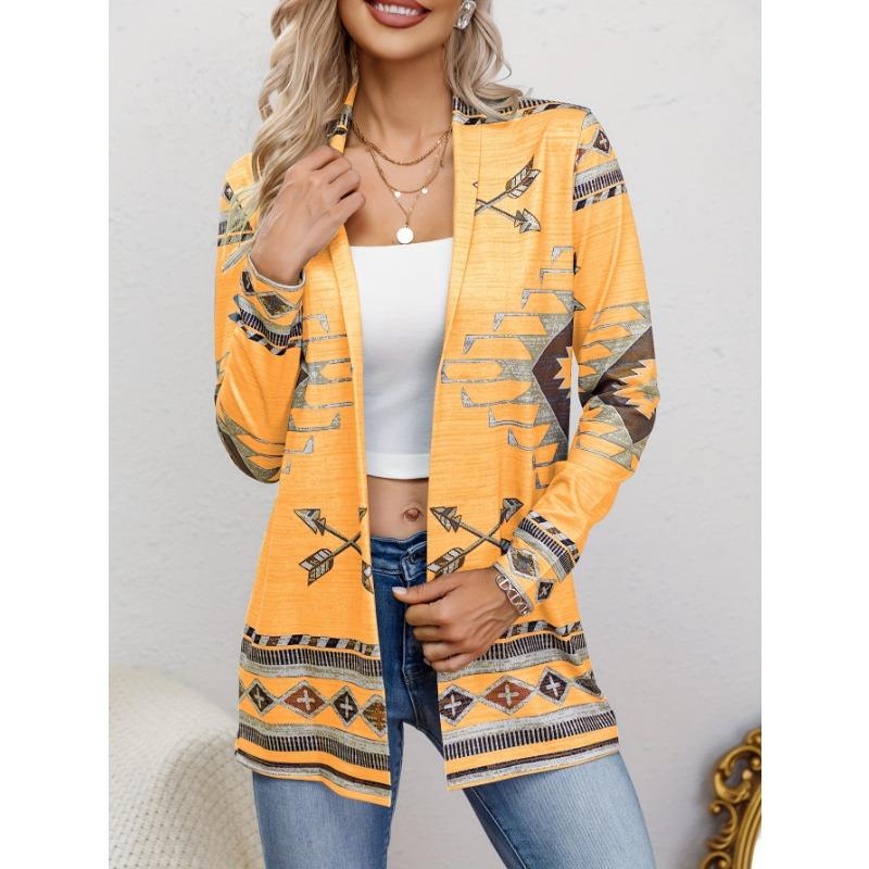 Western Ethnic Print Open Front Cardigan, Casual Long Sleeve Loose Cardigan, Women'S Clothing