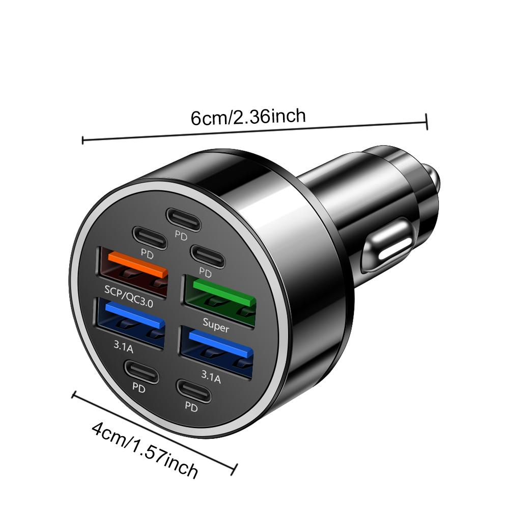 USB C Car Charger, 9-Port  Dual USB-C & USB-A Car Charger Adapter PD/QC Multi Port Fast Charging Cigarette Lighter for iPhone