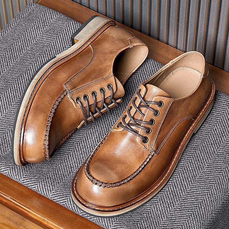 Men'S Business Dress Leather Shoes British Round Head Versatile Casual Korean Version Men'S Shoes Wedding Shoes Lace-Up Pure Handmade Single Shoes