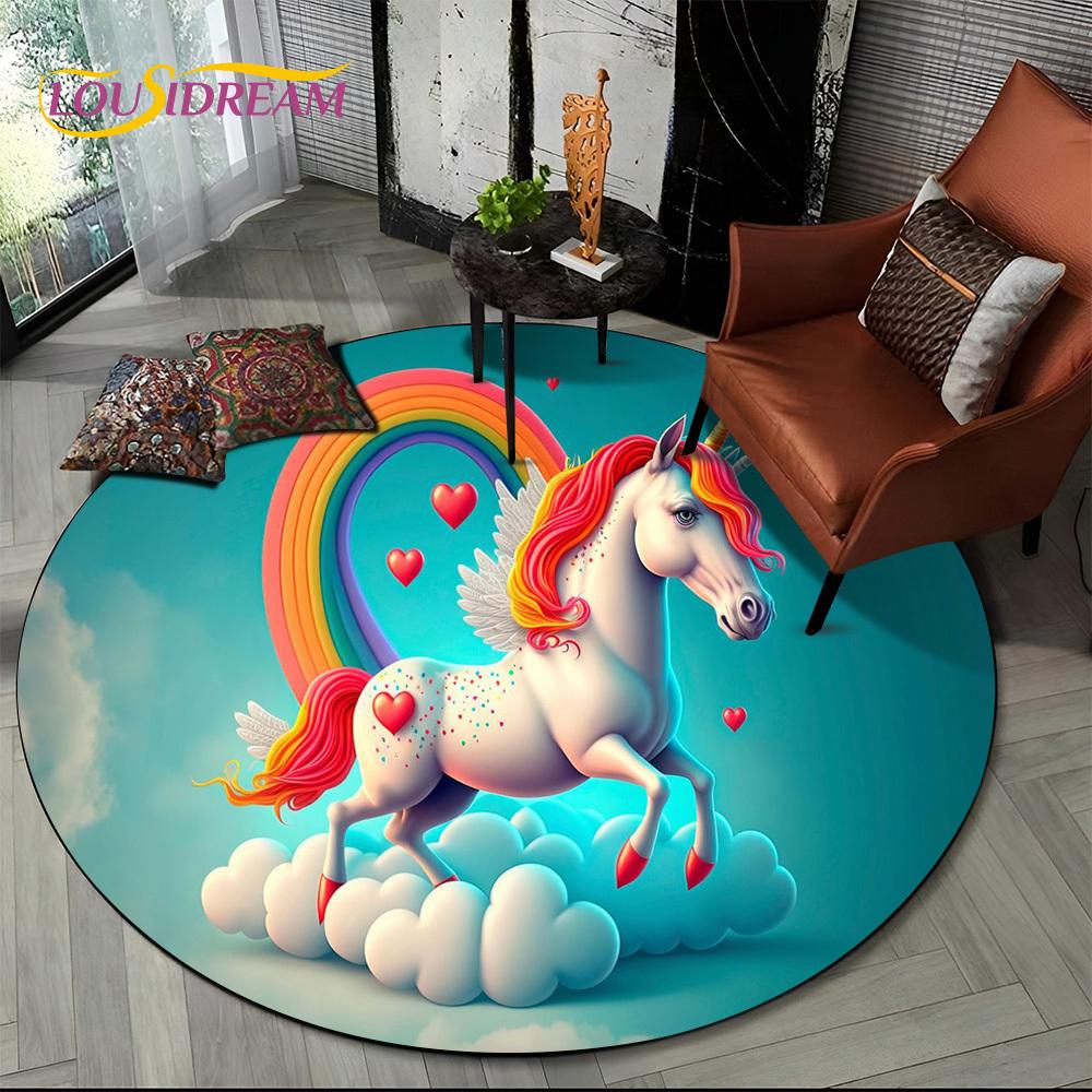 3D Cute Unicorn Cartoon Girl Gift Round Carpet Rug for Living Room Bedroom Child Playroom Decor,Pet Area Rug Non-slip Floor Mat