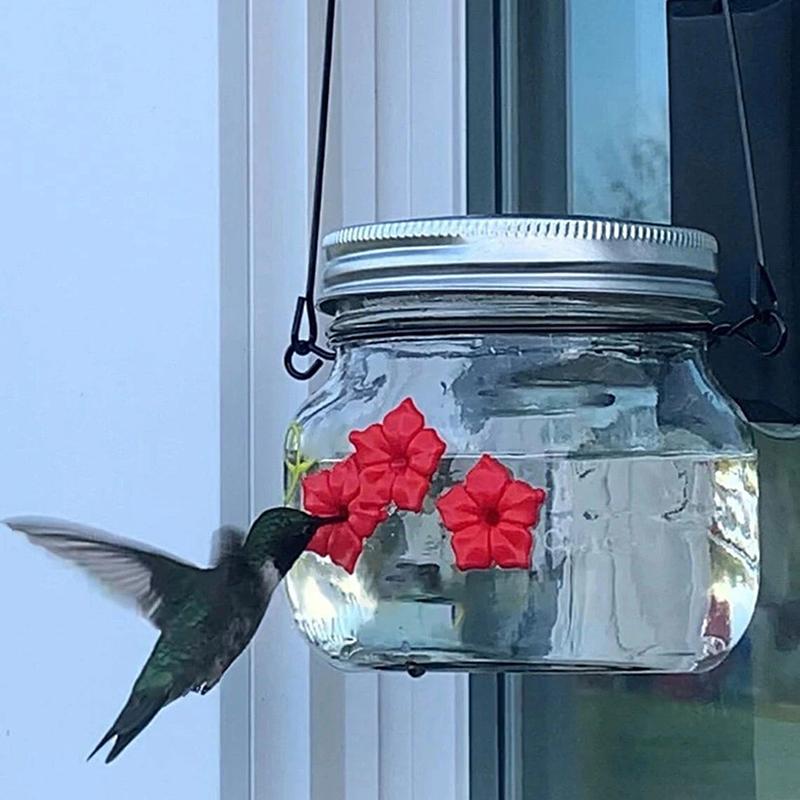Quadratisches Glasgefäß Kolibri-Futterspender Wildvogel-Tränke für Außenbereich Garten Hof Hängende Vogelfutterspender mit Roten Blumen