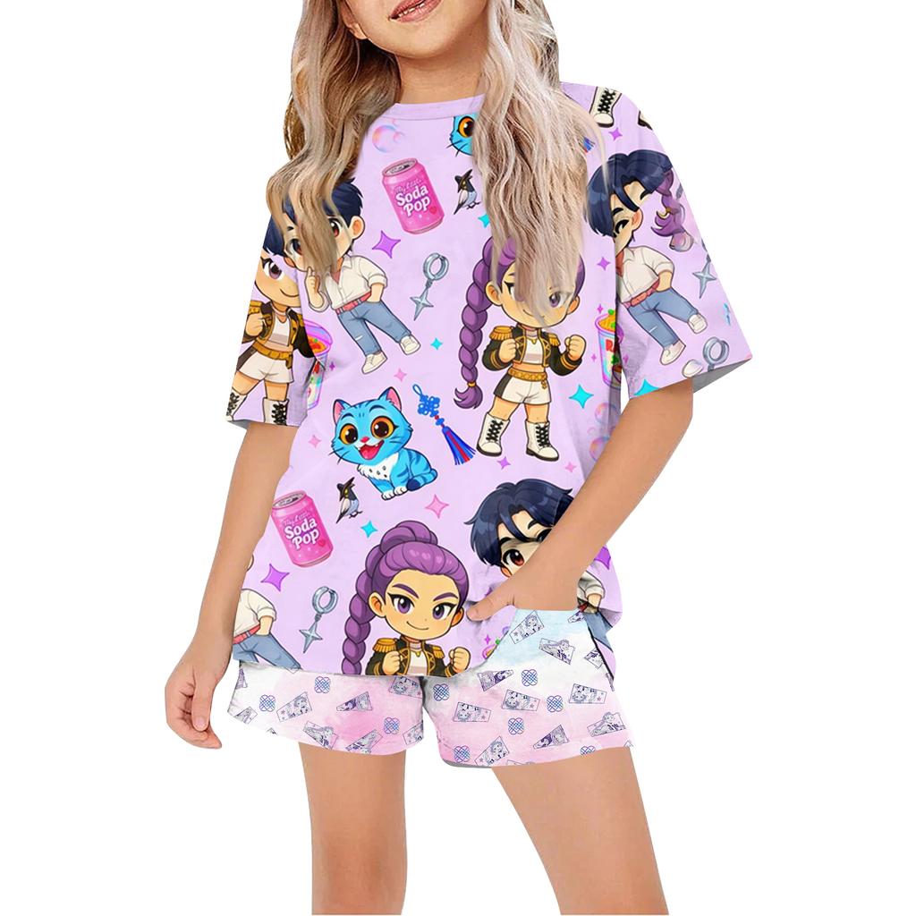 Παιδικό Καλοκαιρινό Αθλητικό T-Shirt Και Σορτς Σετ Φόρμας 2 Τεμαχίων Μπλουζάκια Κοντομάνικα Με Σχέδια Crop Tops Με Σετ Ρούχων