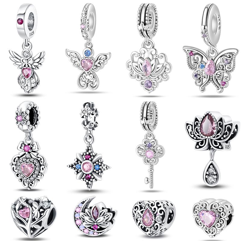 Silver Plated Lotus Heart Zircon Charm Beads for Qikaola 925 Bracelets DIY Jewelry Gifts Guardian Angel Design