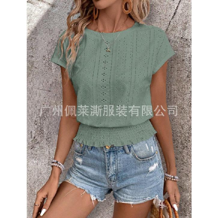 2026 Spring/Summer Jacquard Solid Color Round Neck Ruched Hollow Batwing Short Sleeve Women's T-Shirt for Commuting