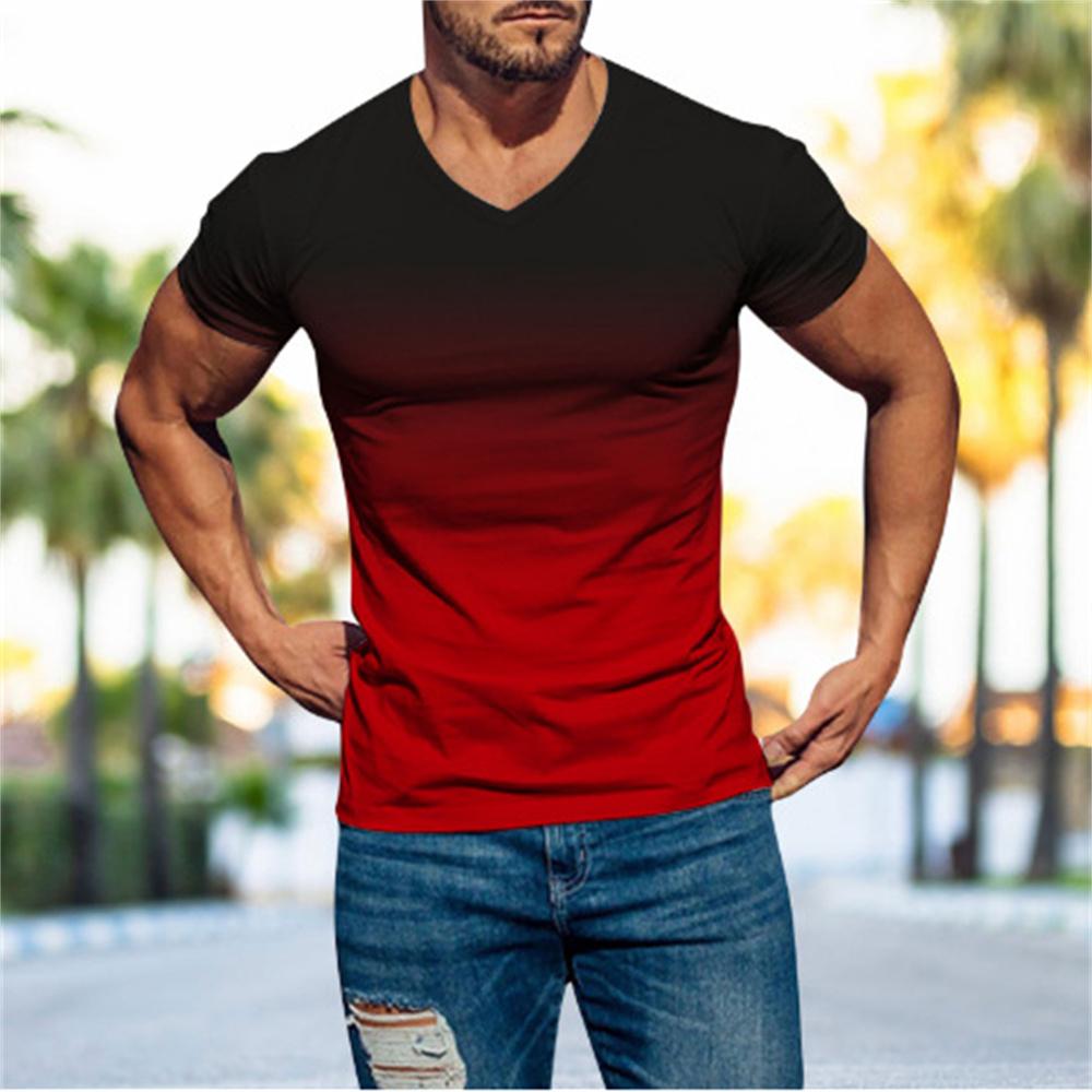 Letní móda Ležérní Muži Top Gradient 3D digitální potištěné Pánské tričko s krátkým rukávem a výstřihem do V Cool Streetwear Oversized topy