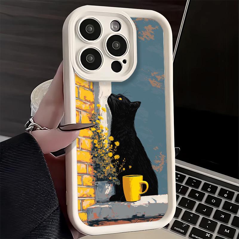 Phone Case for iPhone 17 Air 16E 15 16 Pro Max Black Cat Aesthetic Pattern Cover 14 Plus 13 12 Mini Soft Shell Silicone Fundas