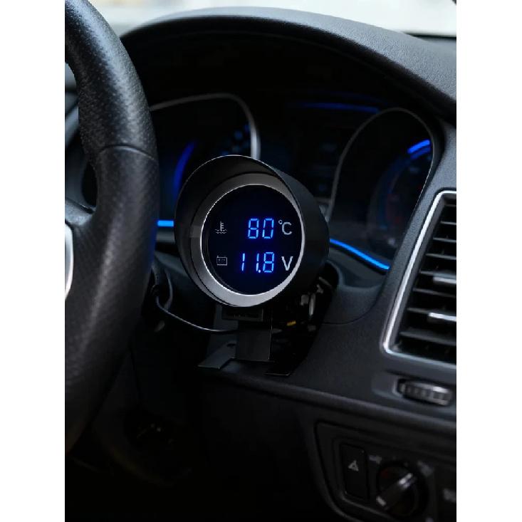 2 in 1 Round LED Water Temp Gauge & Voltmeter with 10mm 1/8 NPT Sensor 26mm-40mm Pipe for 12V/24V Car Truck Motorcycle