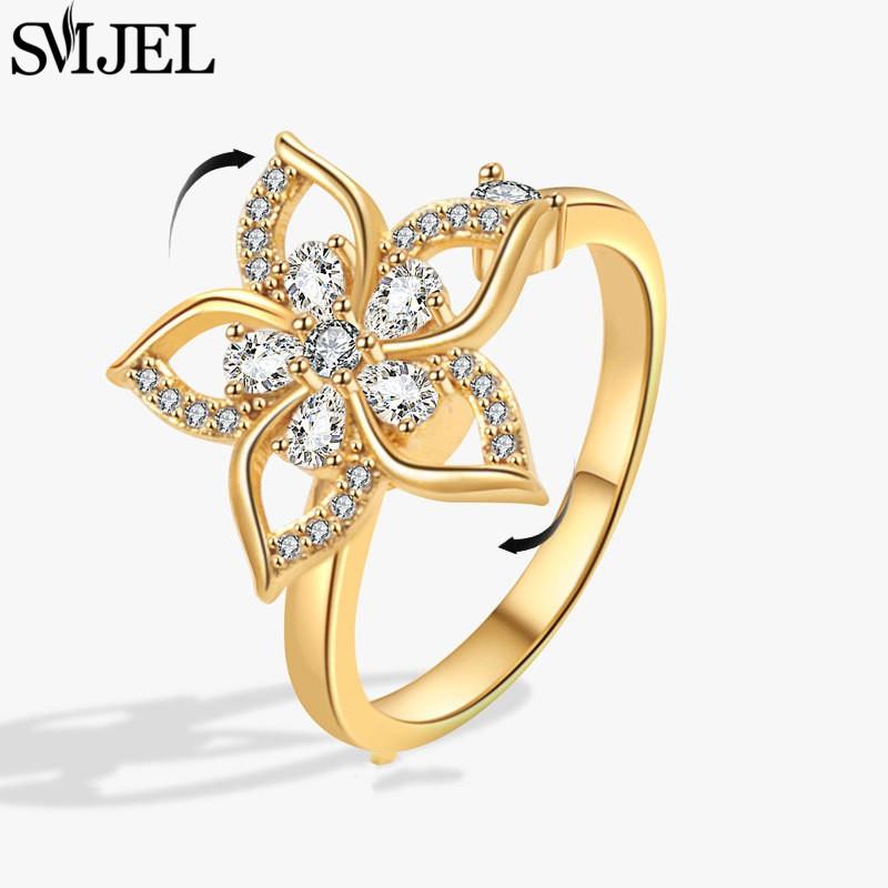 SMJEL Luxury Crystal Anxiety Relief Spinning Fidget Rings for Women Cute Sakura Daisy Rose Flower Rotating Ring Anti Stress Gift