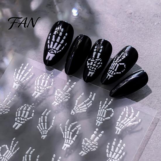 Long Lasting Nail Manicure Sets Halloween Art Stickers, 3D Embossed Skeleton Hand Pumpkin Bat Party Decorations Black Decals, Self-Adhesive