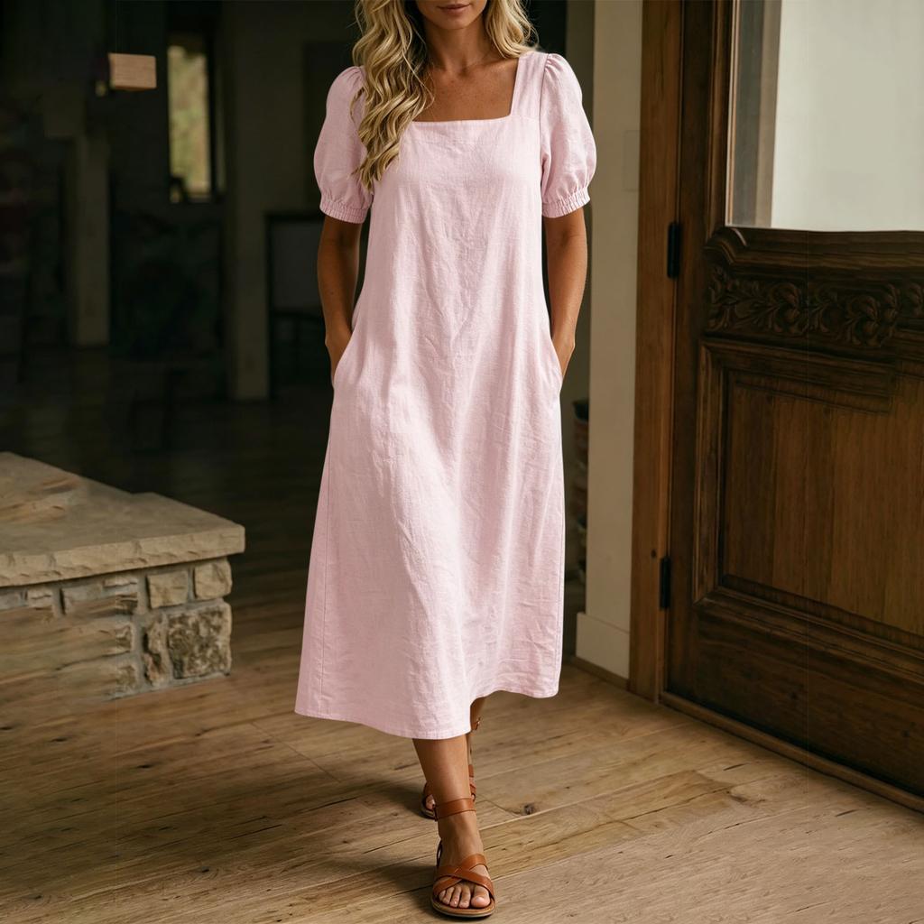 Women Casual Solid Color Square Neck Short Sleeve Linen Cotton Blend Midi Dress with Pockets Lightweight Summer Dress