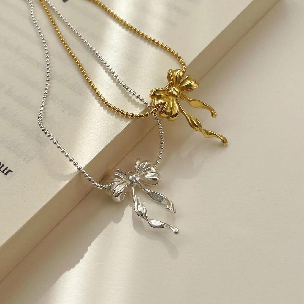 Korean Version S925 Silver Geometric Smart Ribbon Double-layer Bow Necklace Minimalist Round Bead Collarbone Chain