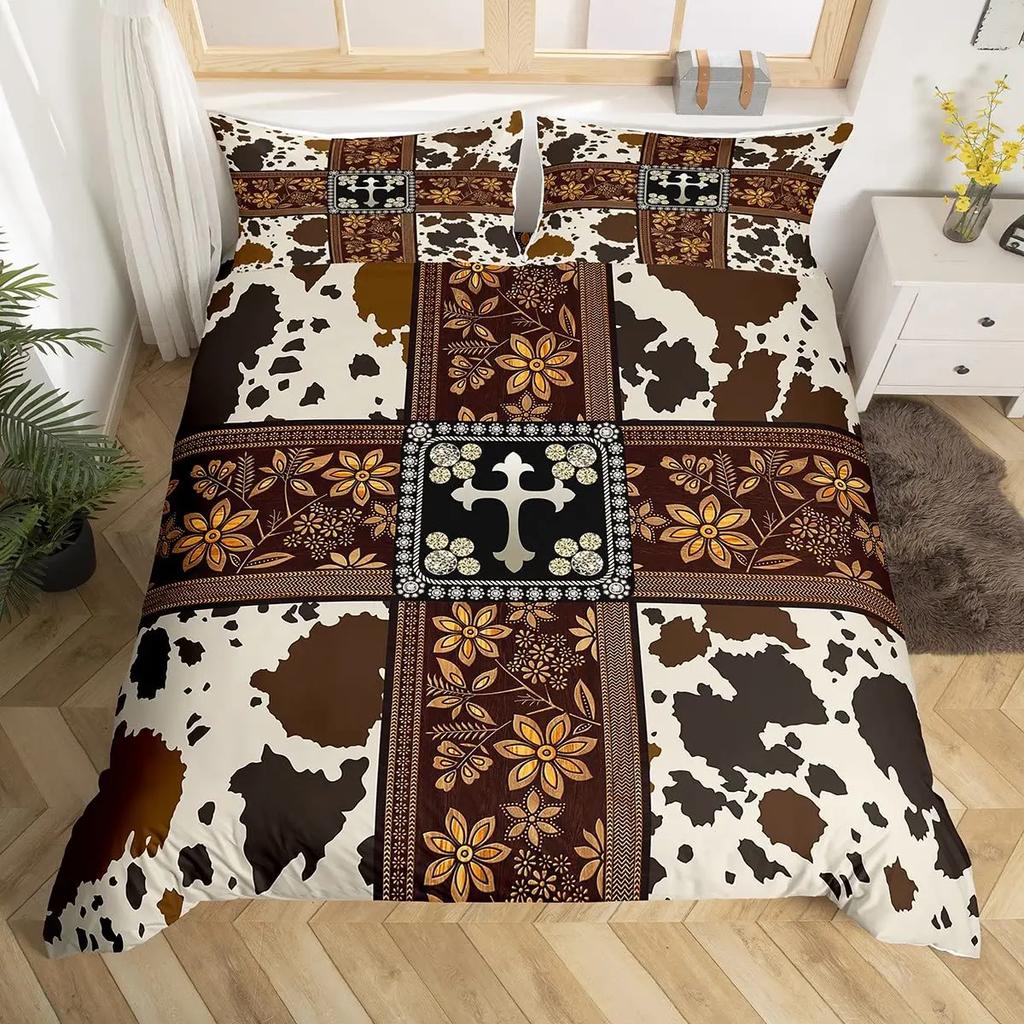 Cow Print Duvet Cover Queen Vintage Floral Bedding Set For Girls Boys Men Western Farmhouse Animal Bull Cattle Skin Quilt Cover