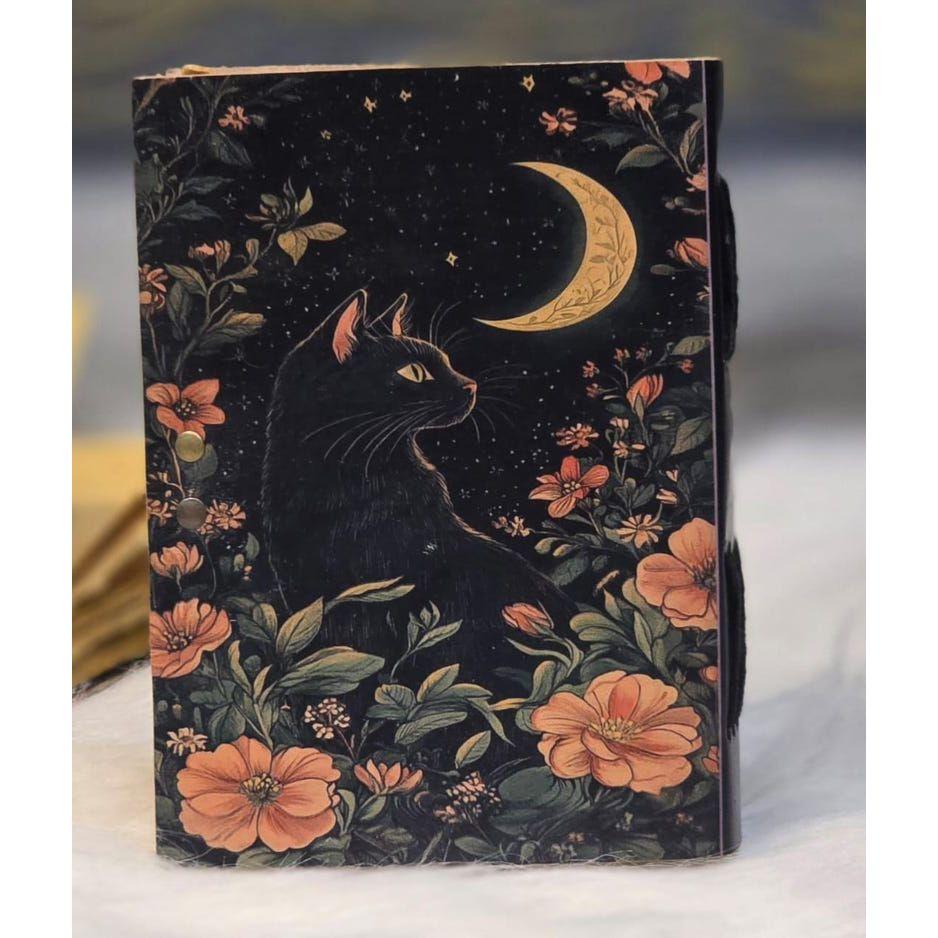 Black Cat Moon Journal | Handmade Vintage Diary with Lock | Witchy Notebook | Grimoire Journal | Book of Shadows | Leather Journal