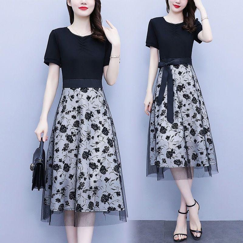Women's Black Mesh Patchwork Faux Two-Piece Short-Sleeve Dress, Summer 2024 - Waist-Cinching Tie-Up Design.