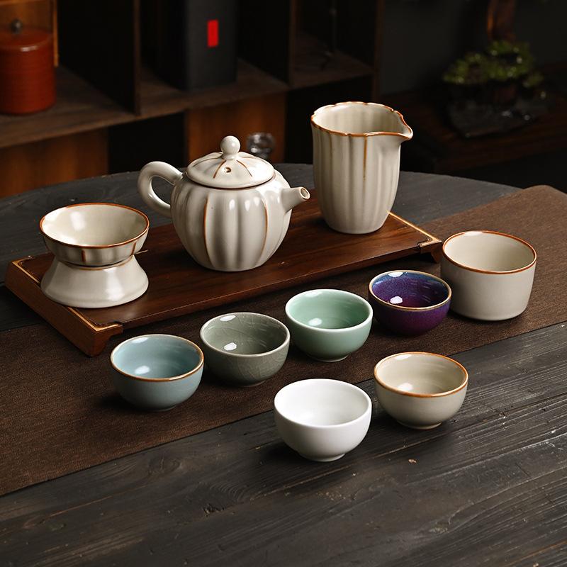 Five famous kiln tea set gift box ceramic kung fu souvenir business gift tea set high-end light luxury