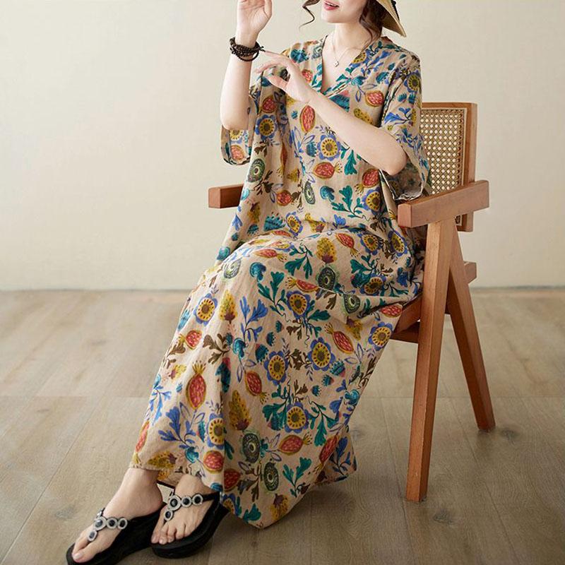 Oversized Dresses Summer Women Printing Loose Cotton Linen Long Dresses Large Hem Summer Women Long Dresses