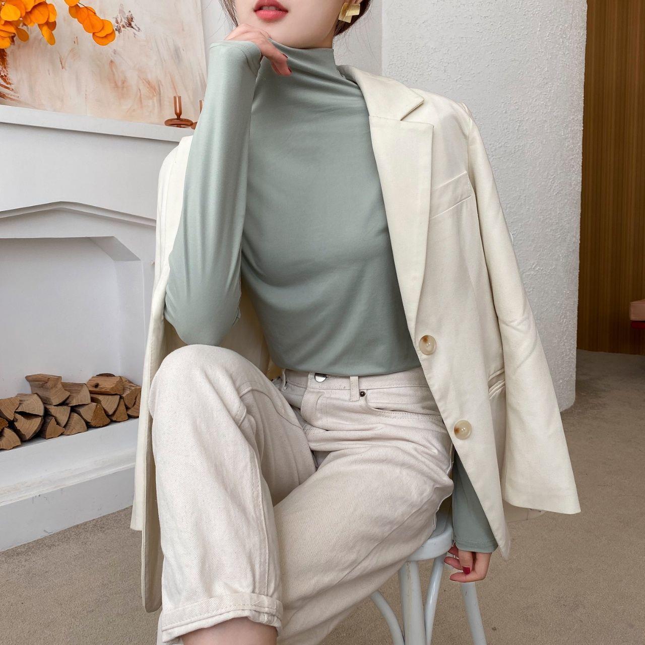 Женский облегающий флисовый свитер: Полуводолазка, длинные рукава, воротник-стойка, коллекция осень/зима 2025 года. One Size