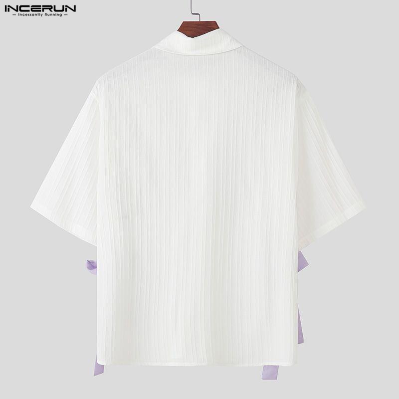 INCERUN Oversized Men Lapel Short Sleeve Crochet Patchwork Bow Casual Loose Shirts Tops