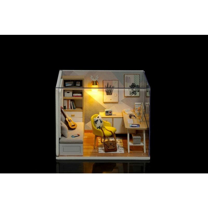 DIY Miniatur-Puppenhaus-Bausätze, hölzerne Puppenhaus-Modellbausätze mit LED-Licht und Katzenmodell