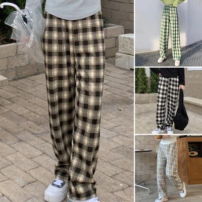 Women Pants Elastic High Waist Straight Wide Leg Plaid Print Winter Long Trousers Thickened Velvet Lining Warm Pants