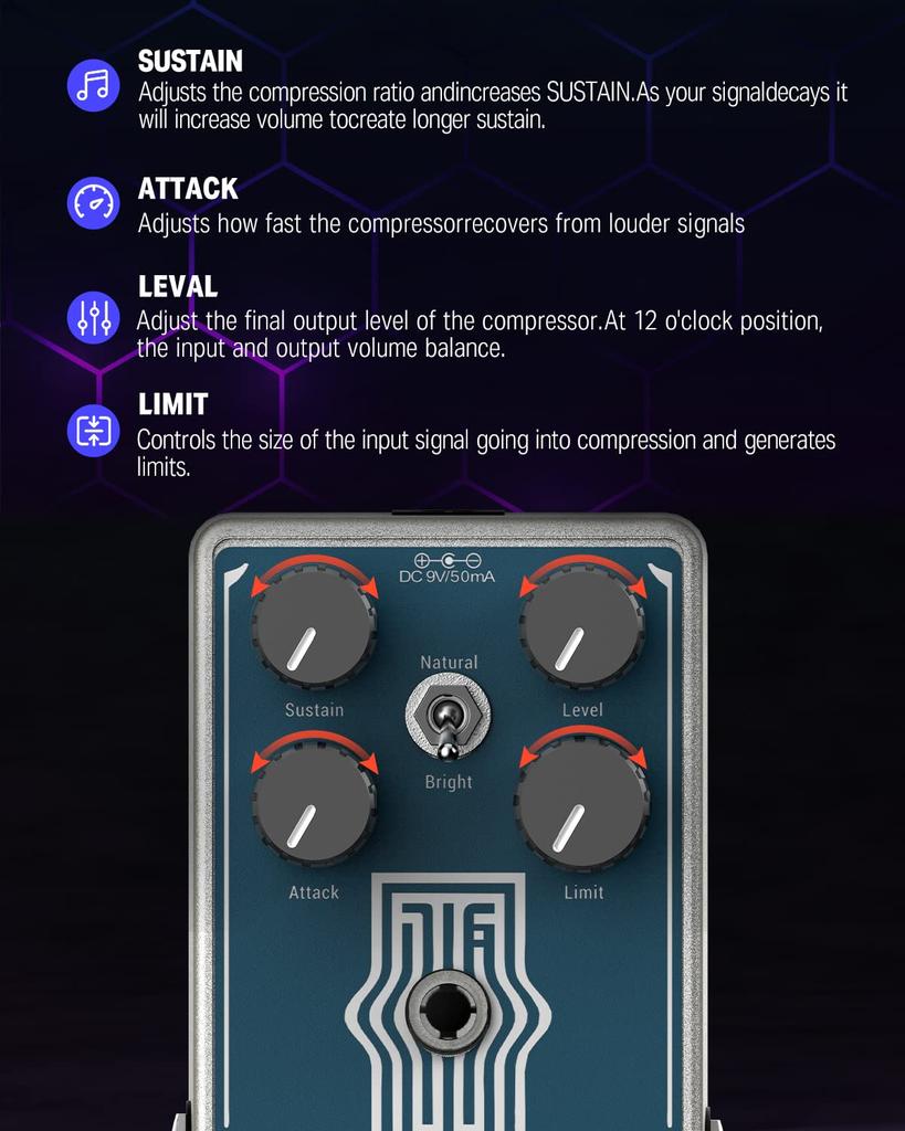 Donner Compressor Effects Pedal Compresses Excessive Input Signals and Preserves Original Sound -