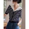 Basic House Women's Striped Sailor Collar Knit T-shirt