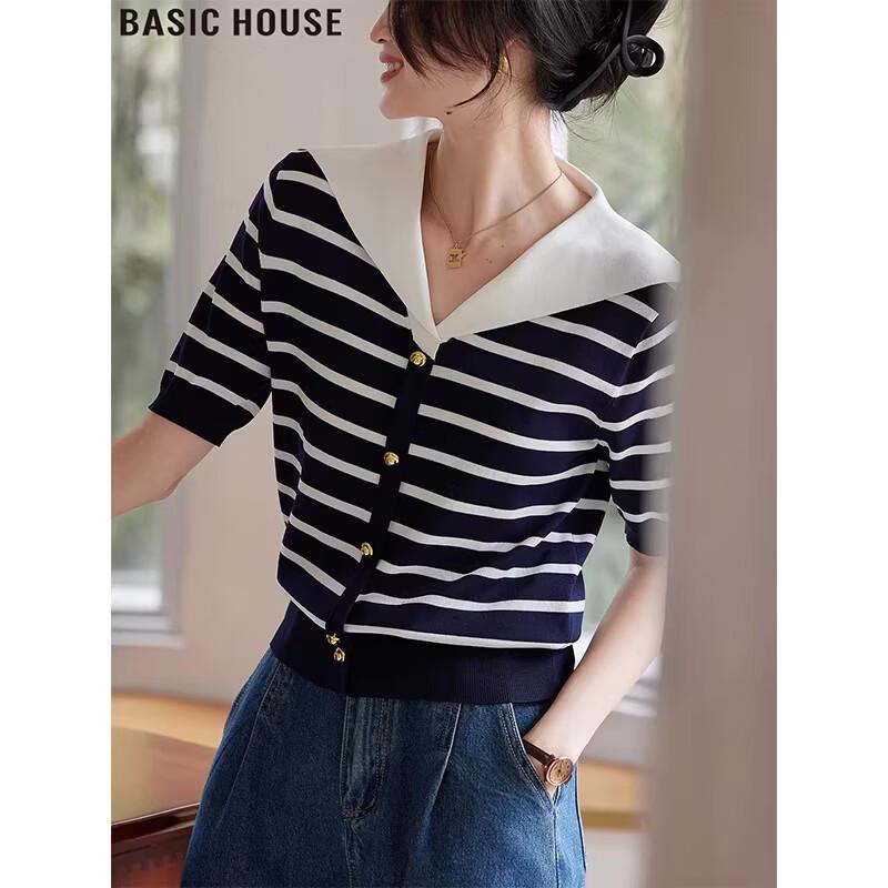 Basic House Women's Striped Sailor Collar Knit T-shirt