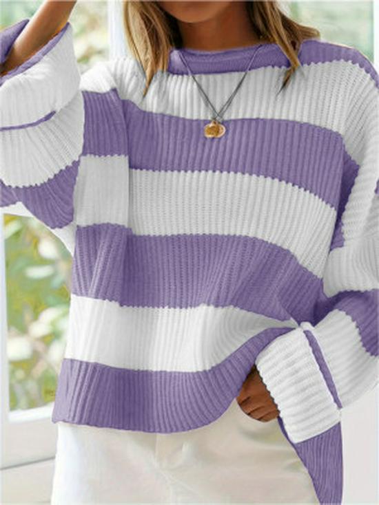 Retro Color Block Striped Sweater - Autumn/Winter Loose Round Neck Knit Pullover