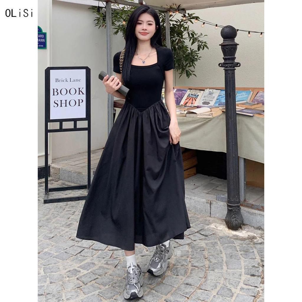 Hepburn Style Square Neck Black Slimming Spliced Dress