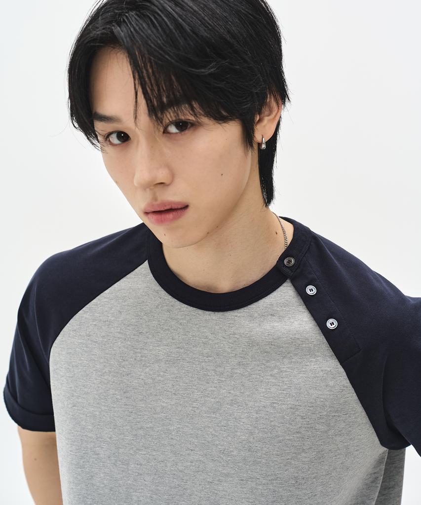 Sobeomeonteu Two-Tone Shoulder Button Raglan T-Shirt - Melange Gray -
