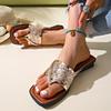 Fashion New Style Shiny Gold Sequin Flats Slippers Women Summer Clip Toe Beach Sandals Woman Plus Size 35-43 Non Slip Outdoor Flip Flops