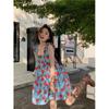 Retro Pilzkante Blumenkleid Trägerkleid Damen Sommer Locker und Dünn Meeresurlaub Stil Süßes Kurzes Kleid