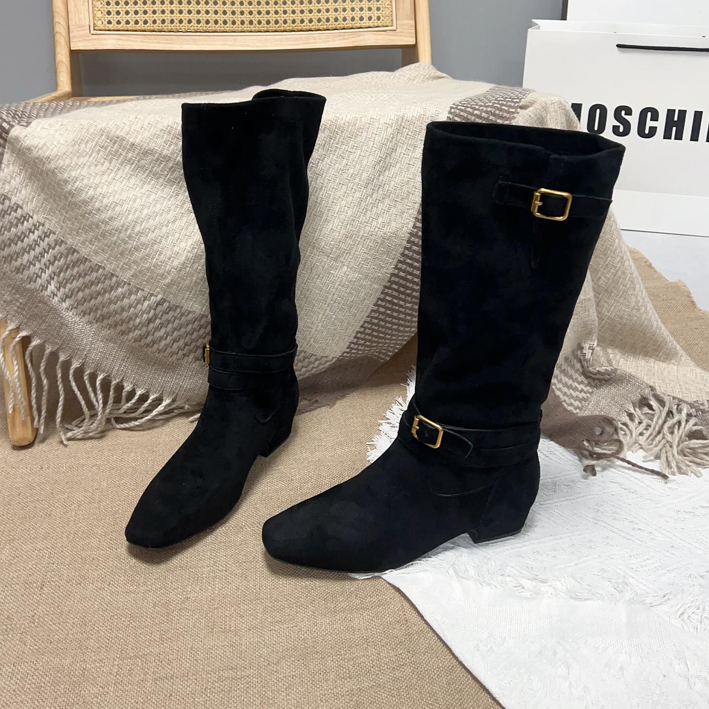 

Belt buckle boots women s autumn and winter new retro square head thick heel versatile and thin knight boots but knee boots 40
