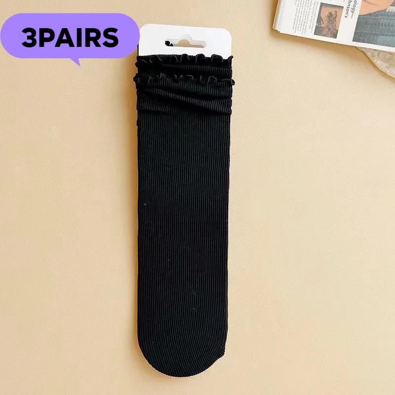 

3 Pairs/lot Women Ruffle Lace Cute Socks Polyester Cotton Loose Autumn Winter Knitting Solid Color Long Breathable Mid Tube Sock One Size