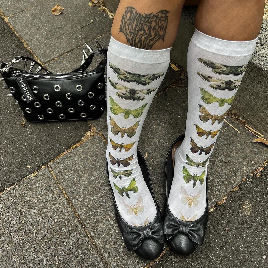 Punk Y2K Style Vintage Harajuku White Punk Letter Print Long Socks Women Jk Cosplay Cute Stocking Chic Streetwear 2000S Emo Girl