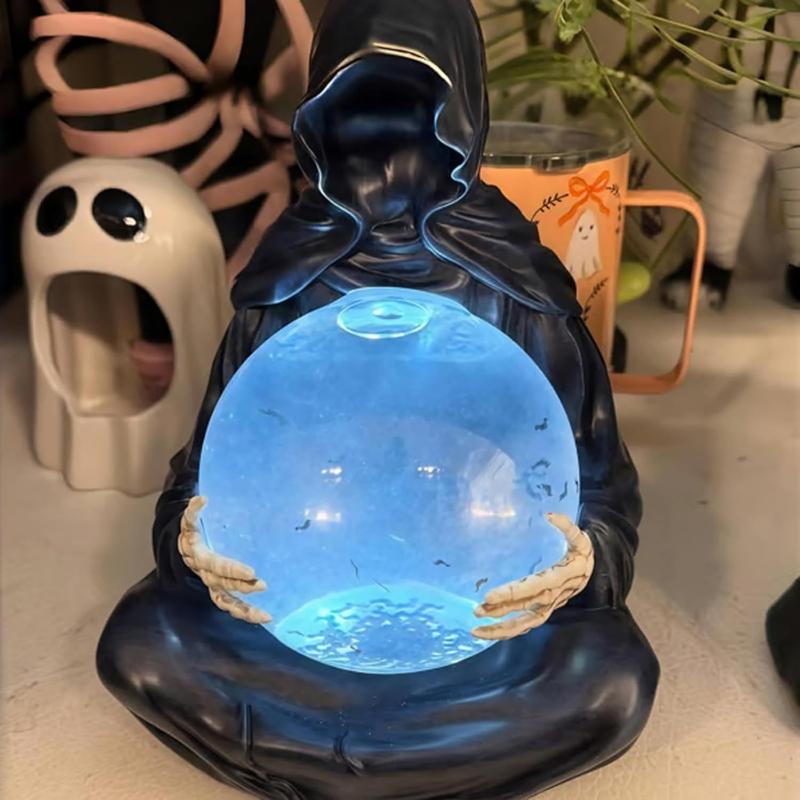 Gothic Black Robe Reaper Crystal Ball Sculpture Can Shine Home Living Room Bedroom Desktop Ornament Decoration