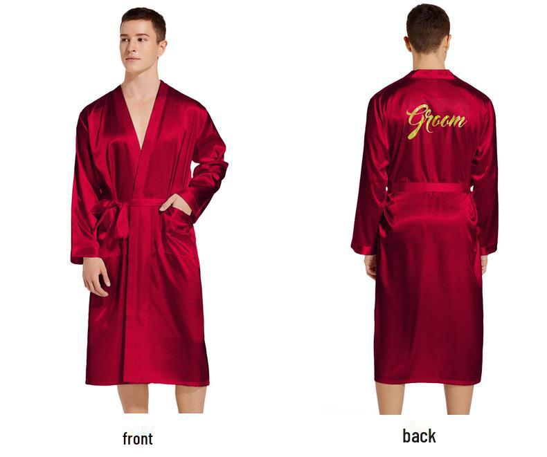 Men's Gold Lettering Wedding Morning Robe - Long, Large Size, Spring/Autumn Cardigan Nightgown
