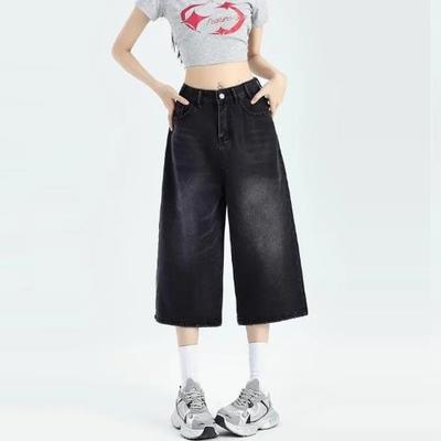 High-waisted Wide-leg Denim Shorts for Women Summer Baggy Mid-length Jeans Pants Solid Casual Clothing Streetwear