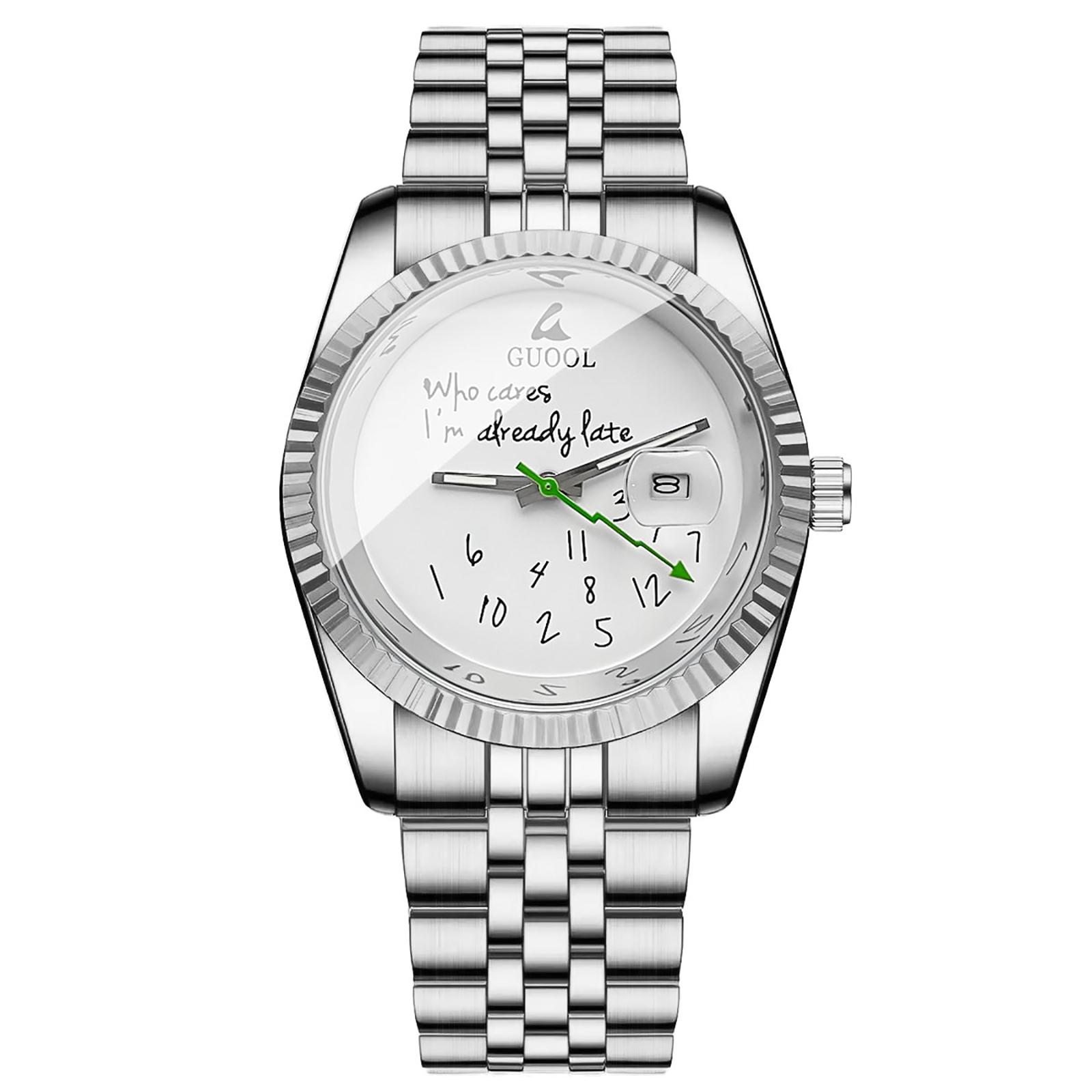 GUOOL Stainless Steel Wrist Watch with Date Display and Unique Dial Design Quartz Movement Water Resistant Casual Style One Size
