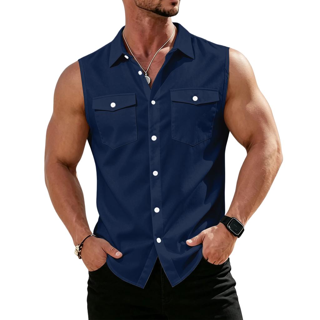 Men's Workwear Lapel Button-Down Vest Shirt - Lightweight Sleeveless Top